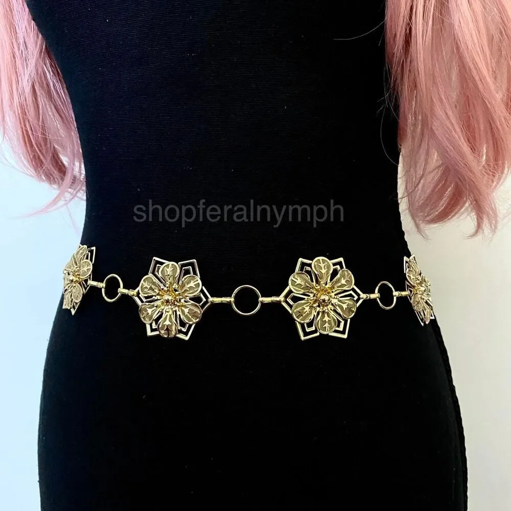 Gold Y2K Star Flower Open Ring Waist Chain Belt, Fits 23-41 Inches, X7GA1357